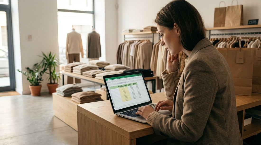 Właściciel butiku odzieżowego analizujący wskaźniki finansowe i marże na laptopie