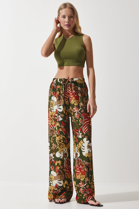 Happiness İstanbul Women's Khaki Yellow Patterned Flowing Viscose Palazzo Trousers Women