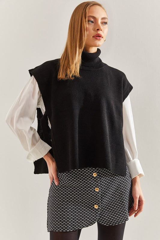 Bianco Lucci Women's Turtleneck Belt Tie Knitwear Sweater Black Women