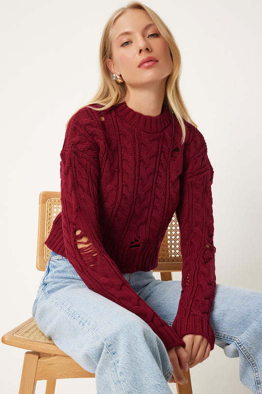 Happiness İstanbul Claret Red Knitwear Sweater - Ripped Detail, Knitted, Burgundy Women