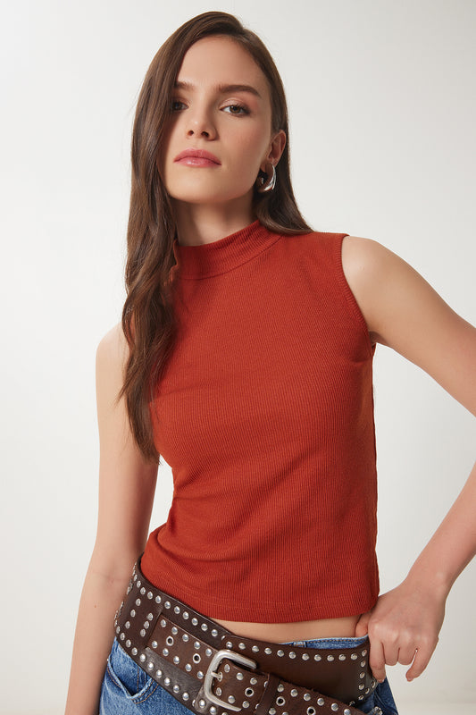 Happiness İstanbul Women's Brick Neck Cotton Knitted Blouse Tile Women