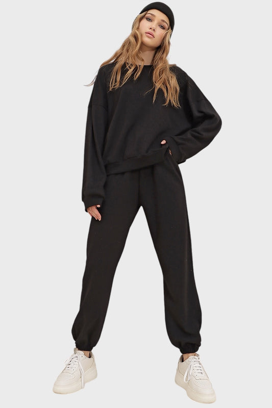 Trend Alaçatı Stili Women's Black Crew Neck, Elastic Waist and Leg Two Thread Basic Tracksuit Women