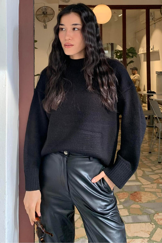 Madmext Black Crew Neck Oversize Knitwear Sweater Women