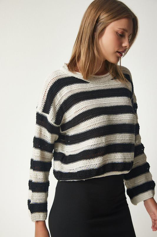 Happiness İstanbul Women's Cream Black Striped Openwork Knitwear Sweater Women