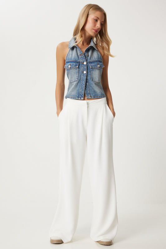 Happiness İstanbul White PleatedPalazzoWomen's Trousers Women