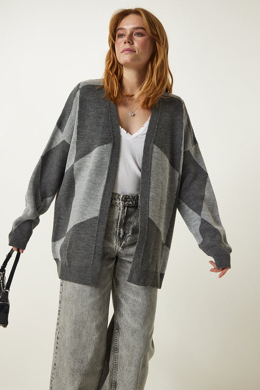 Happiness İstanbul Gray Patterned Thick Cardigan Jacket Women