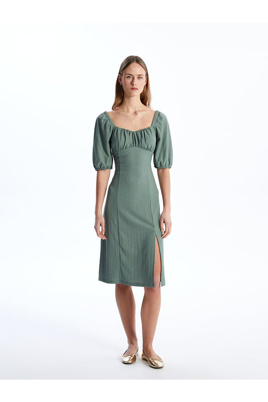 LC Waikiki Women's Heart Collar Straight Dress Khaki Women