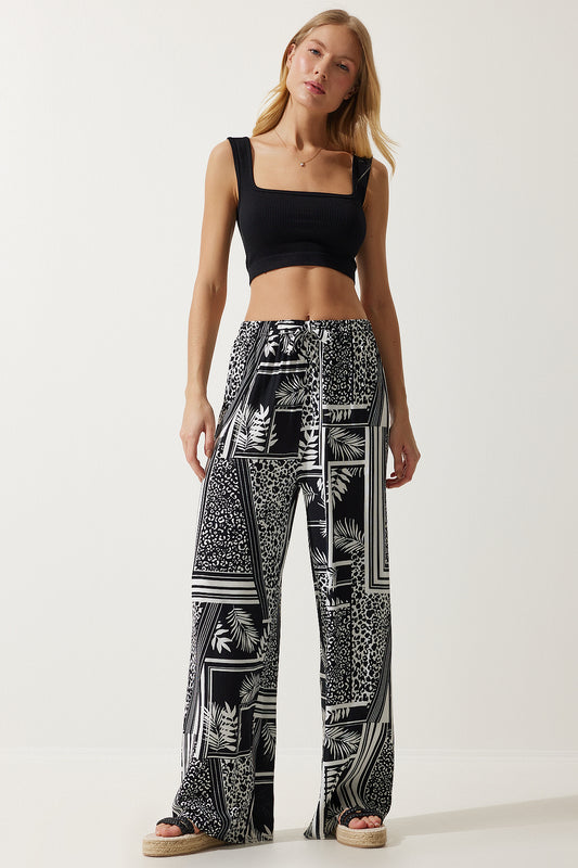 Happiness İstanbul Women's Black and White Patterned Flowing Viscose Palazzo Trousers Women