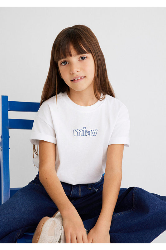 Mavi Meow White Oversize Kids T-Shirt Loose Relaxed Cut Women