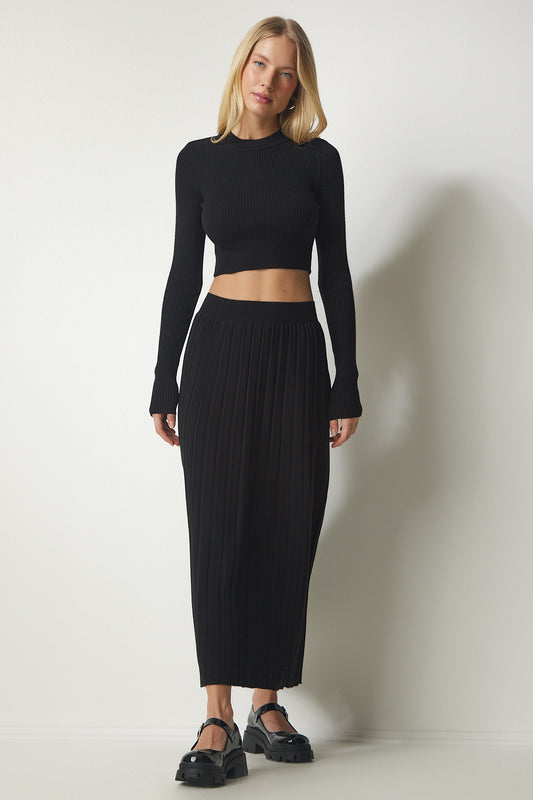 Happiness İstanbul Women's Black Corded Knitwear Crop Skirt Set Women