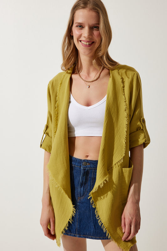 Happiness İstanbul Women's Oil Green Fringe Detailed Asymmetrical Muslin Jacket Women