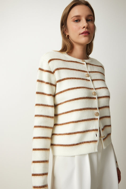 Happiness İstanbul Women's Bone Brown Stylish Buttoned Striped Knitwear Cardigan Women