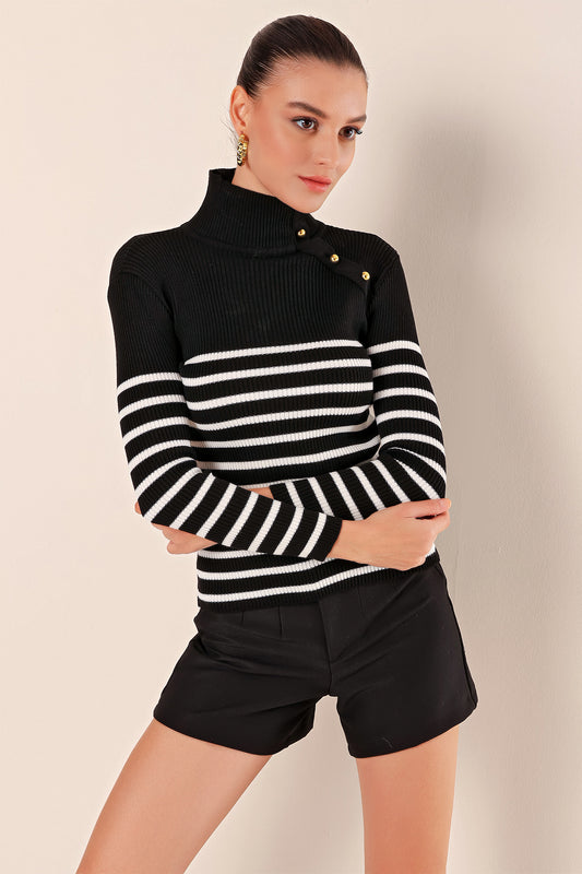 Bigdart Buttoned Striped Sweater - Black Women