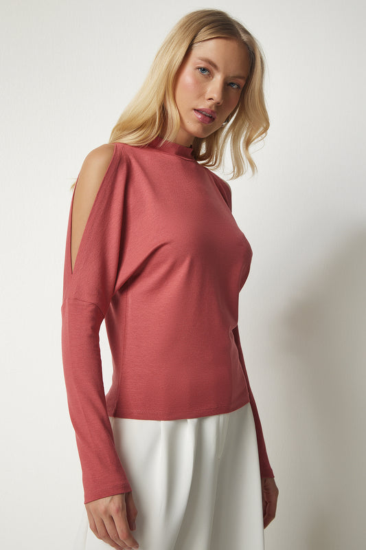 Happiness İstanbul Women's Dusty Rose High Collar Shoulder Decollete Knitwear Blouse Dried Rose Women