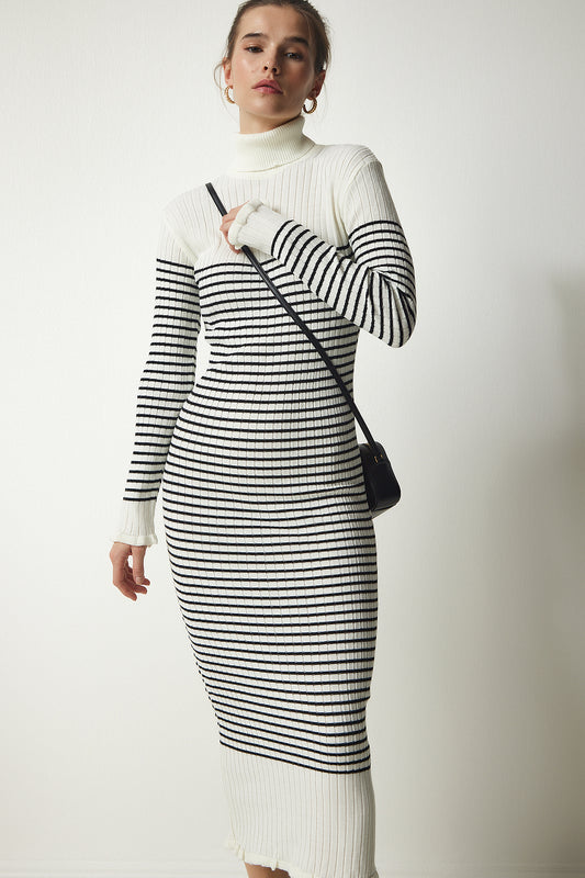 Happiness İstanbul Women's Ecru Turtleneck Striped Knitwear Dress Women