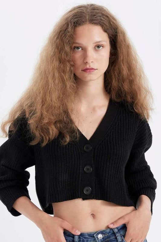 DeFacto Regular Fit V-Neck Basic Plain Buttoned Knitwear Cardigan (25 Wn) Black Women