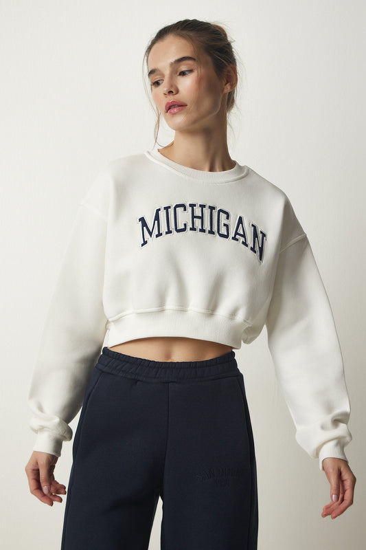 Happiness İstanbul Women's Ecru Printed Raised Crop Knitted Sweatshirt Women