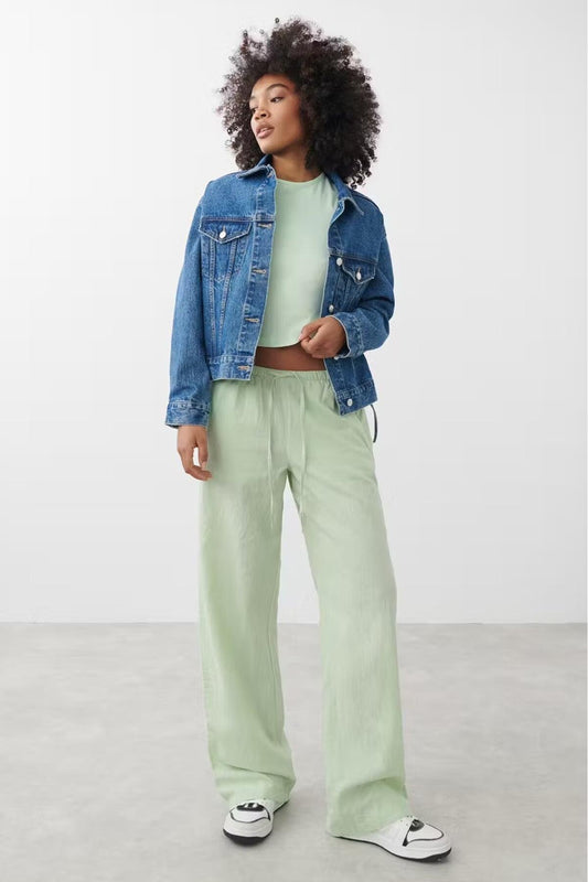 Madmext Mint Green Elastic Waisted Loose Cut Trousers Women