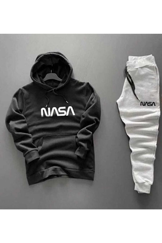 ELSİ Unisex Nasa Written Black Hooded Gray Tracksuit Set Black - Gray Unisex
