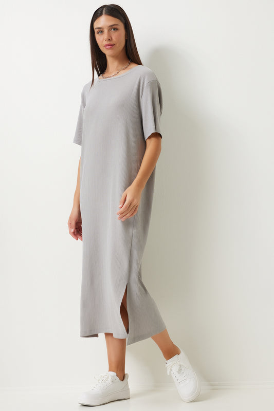 Happiness İstanbul Gray Knitted - Loose Cut Women's Long Dress Women