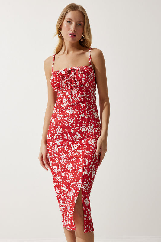 Happiness İstanbul Women's Vibrant White Red Floral Slit Summer Knitted Dress Women