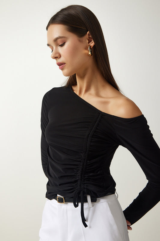Happiness İstanbul Women's Black Gather Detailed Knitted Blouse Women
