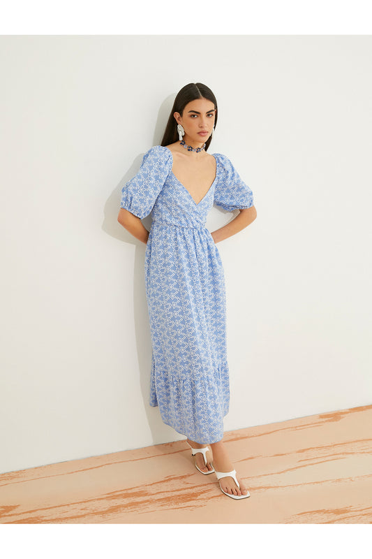 Koton Floral Midi Dress Cotton Sweetheart Neckline White Patterned Women
