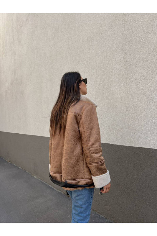SONREİR LEATHER SUEDE COAT WITH PLUSH INSIDE Light Brown Women