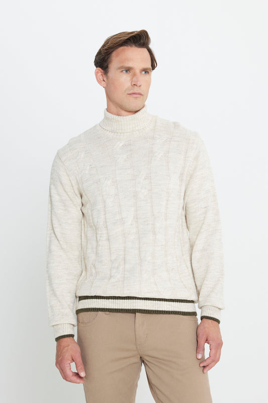 AC&Co - Altınyıldız Classics Men's Light Beige Standard Fit Regular Cut Full Turtleneck Jacquard Knitwear Sweater Men