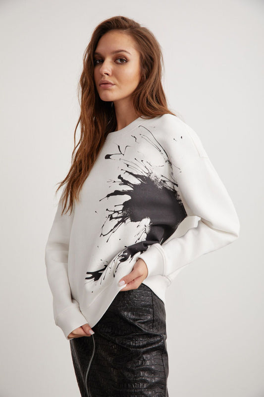 GRIMELANGE Ibbie White Crew Neck Fleece Sweatshirt - Soft Piece Printed Women