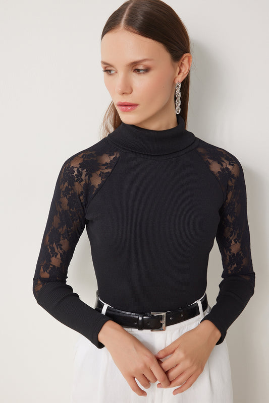 Happiness İstanbul Women's Black Turtleneck Lace Ribbed Knitted Blouse Women