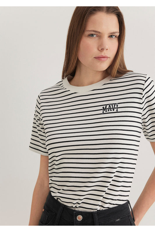 Mavi Logo Printed Black Striped T-Shirt Regular Fit - Regular Women