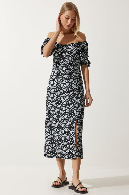 Happiness İstanbul Black Gray Carmen Collar Elastic Summer Women's Dress Black Grey Women