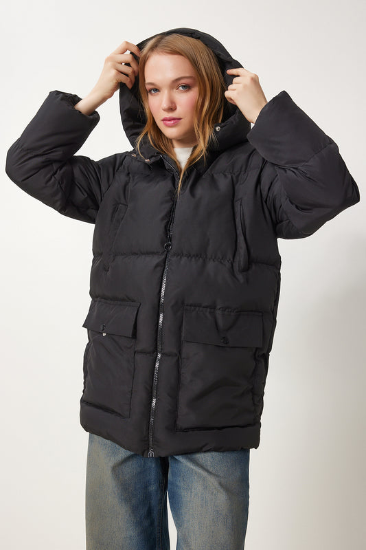 Happiness İstanbul Women's Black Hooded Puffer Jacket Women