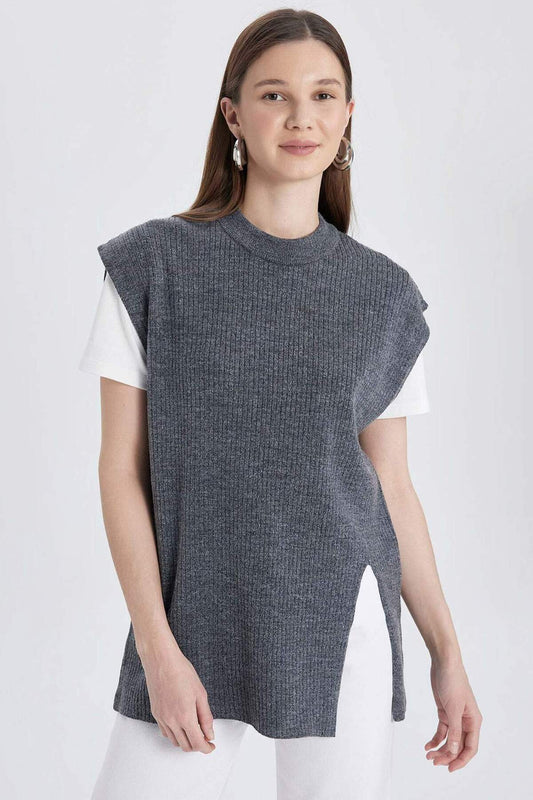 DeFacto Regular Fit Crew Neck Basic Plain Knitwear Sweater Grey Women