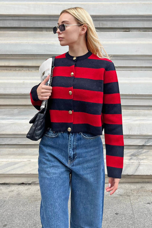 Swist Red Thick Striped Women's Knitwear Cardigan Women