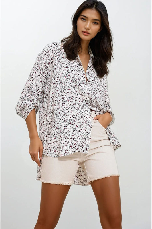 Trend Alaçatı Stili Women's Ecru Patterned Woven Viscose Shirt ALC Women