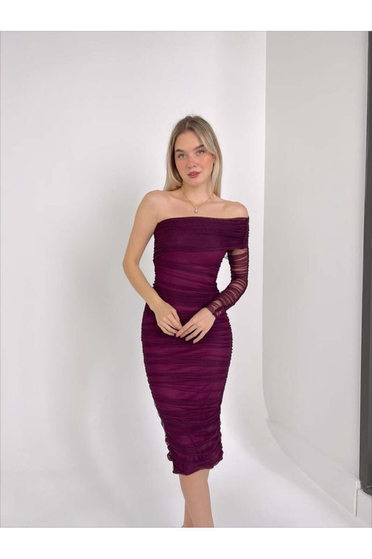 Afiş Butik One Shoulder Tulle Dress with Drape Detail Purple Women