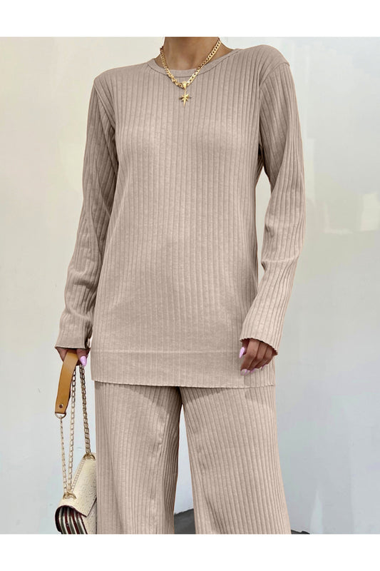 Modamorfo Crew Neck Ribbed Knit Set - Light Mink Women