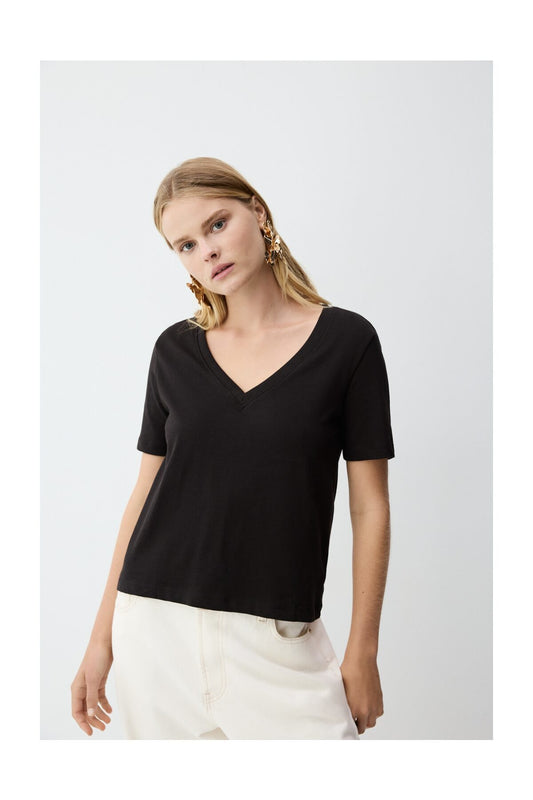 LEFTIES Woman Heavy Cotton V-Neck T-Shirt Black Women