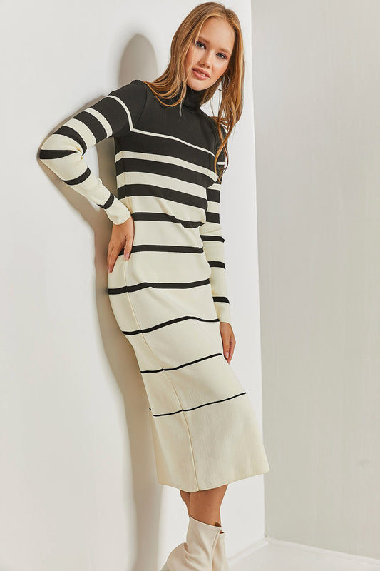 Bianco Lucci Women's Turtleneck Striped Long Knitwear Dress White-black Women