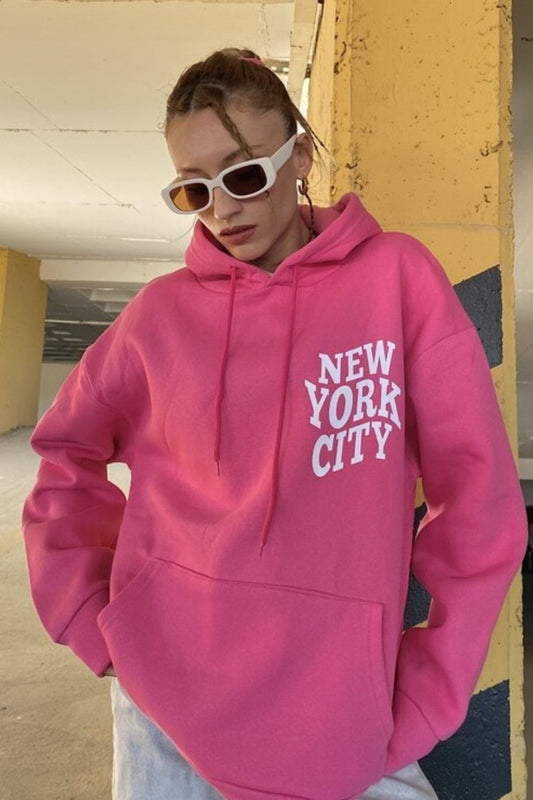MODAGEN Women's Pink New York City Printed Hooded Oversize Sweatshirt Unisex