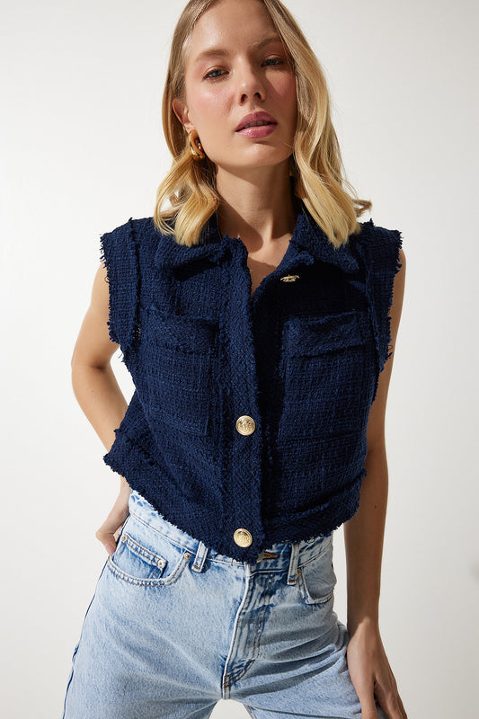 Happiness İstanbul Women's Navy Blue Stylish Buttoned Patterned Crop Tweed Vest Women
