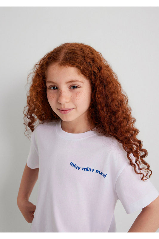 Mavi Meow Printed White Crop Kids T-Shirt Regular Fit Women
