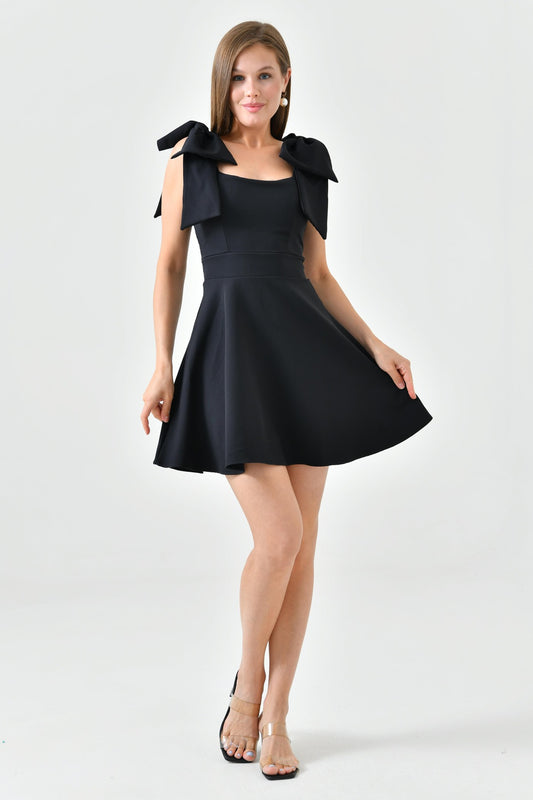 WOMAN VISION Black Crepe Fabric Strapless Neckline Lacing Strap Detail Flared Cutout Short Black Evening Dress Women