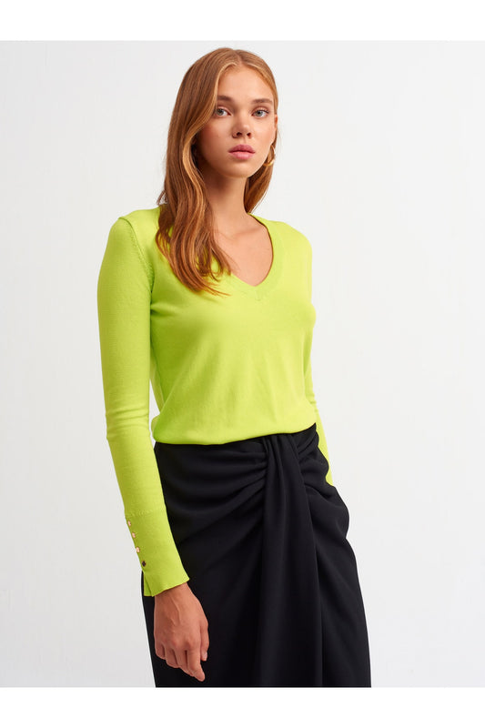 Dilvin V-Neck Sleeve Cuff Drop Sweater-lime Women