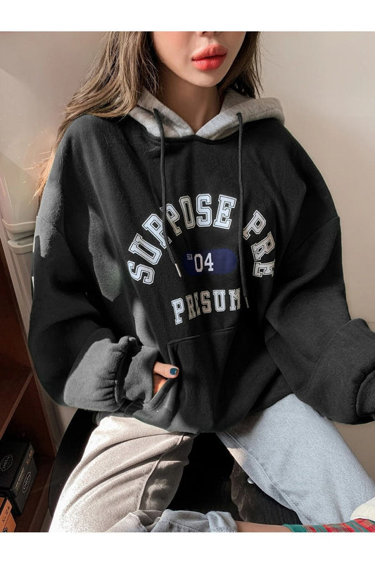 Know Women's 3 Thread Black Suppose Printed Oversize Sweatshirt Women