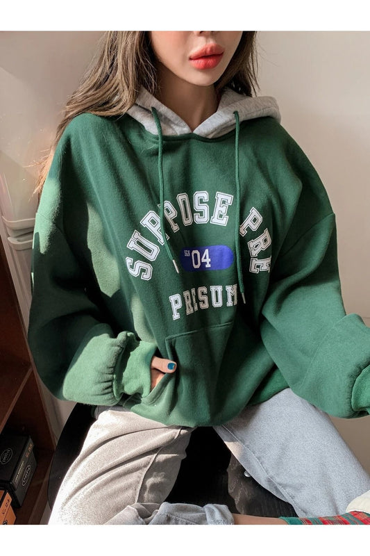 Know Women's 3 Thread Green Suppose Printed Oversize Sweatshirt Women