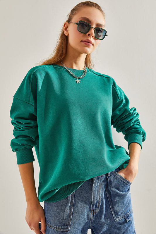 Bianco Lucci Women's Three Thread Raised Oversize Sweatshirt Green Women