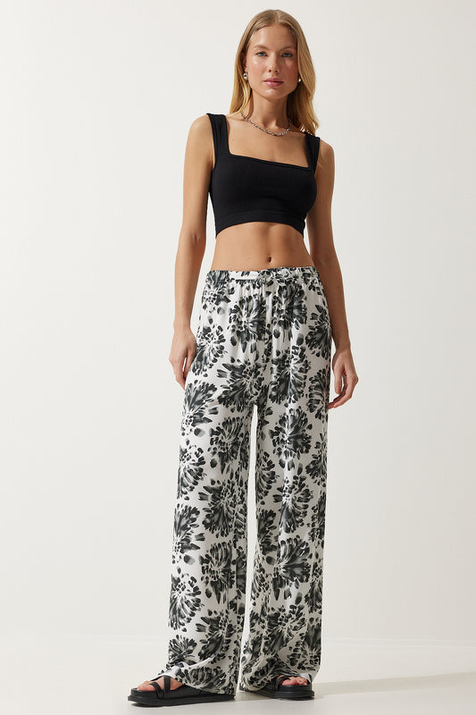 Happiness İstanbul Women's Ecru Black High Waist Summer Loose Viscose Trousers Off-black Women